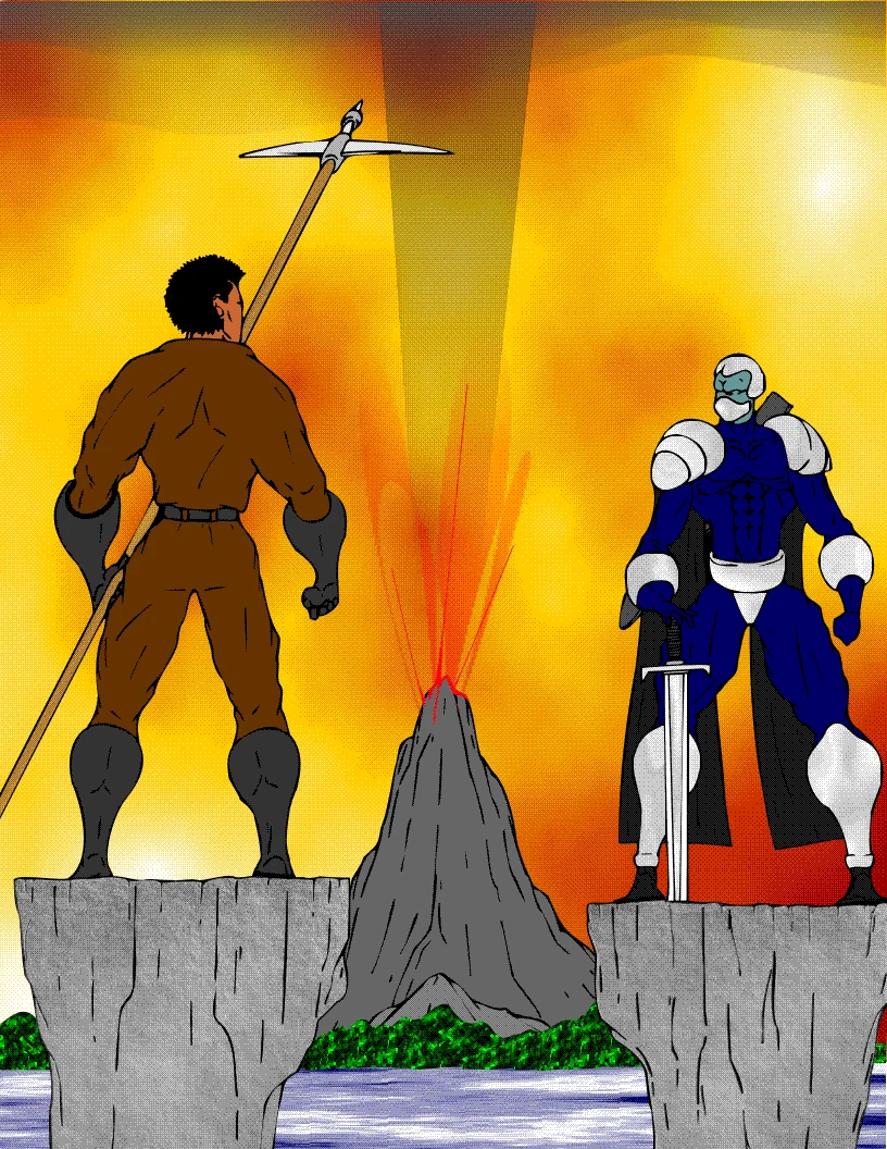 Two armoured warriors facing each other across an erupting volcano, one with a spear, one with a sword.