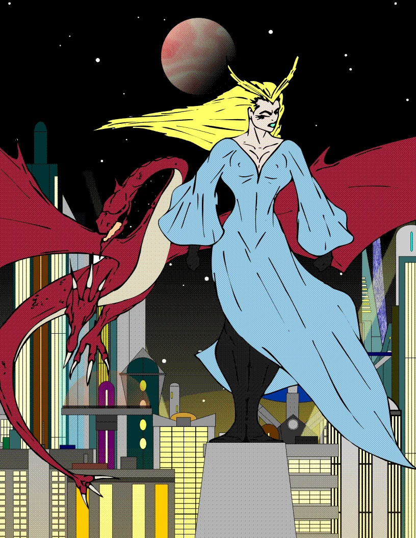 A pale sorceress in a blue gown standing over a neon city, a red dragon coiling beside her.