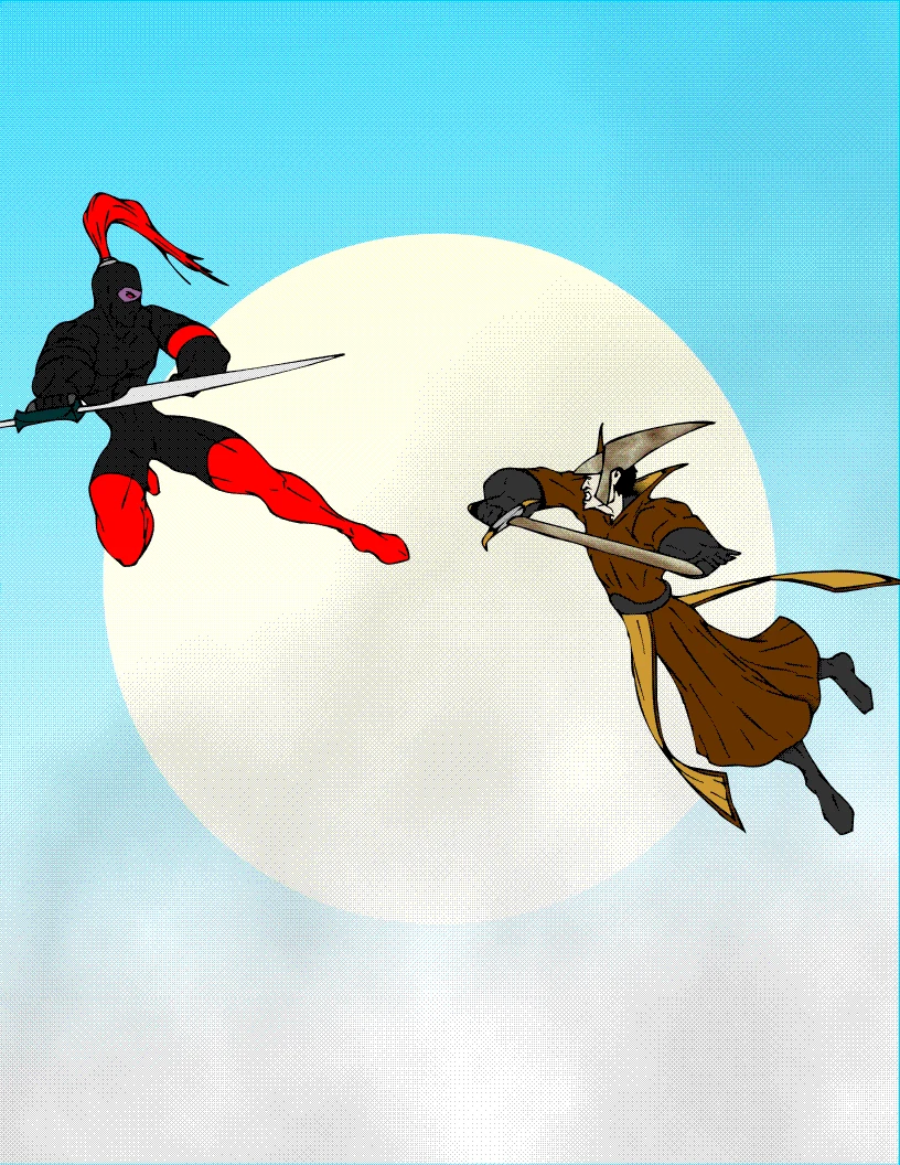 Two masked fighters clashing in mid-air against a full moon, one in red, one in brown.