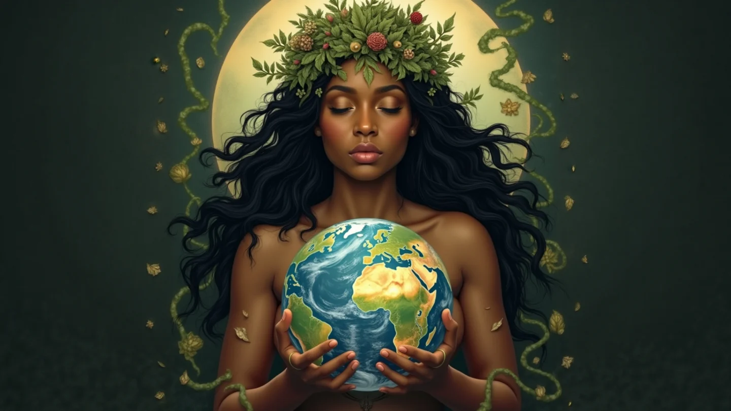An illustrated figure crowned with leaves, cradling the Earth, shown
                    under the selected colour treatment.