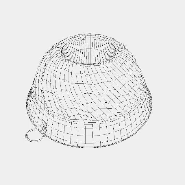 A wireframe render of a rounded form, drawn as a mesh of fine lines.
