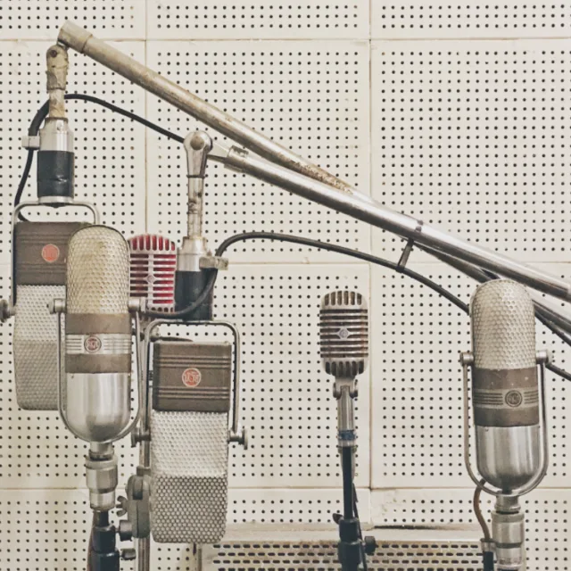 A row of studio microphones on boom arms against an acoustic panel.