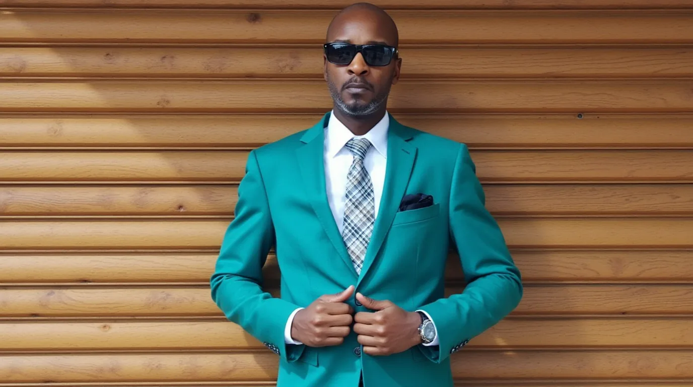 Bryant Duhart in a teal suit and dark sunglasses, standing against a wooden slatted wall.