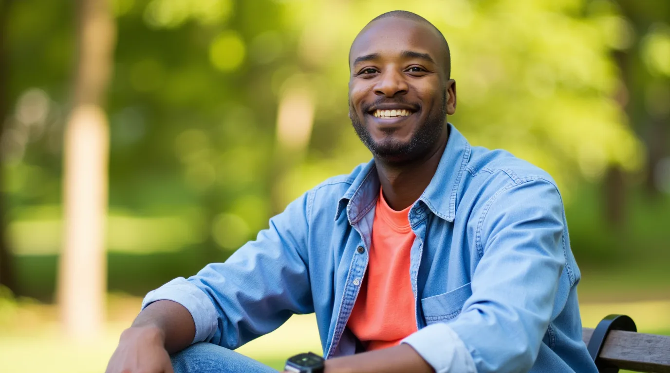 Bryant Duhart sitting on a park bench in a denim shirt, smiling, with green trees behind him.