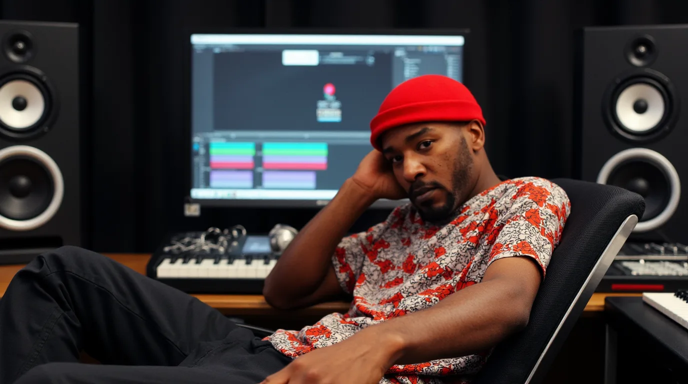 Bryant Duhart at work in a music studio, a session open on the screen and monitors either side of it.