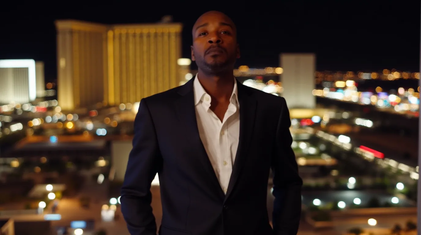 Bryant Duhart in a dark suit on a balcony at night, city lights spread out behind him.