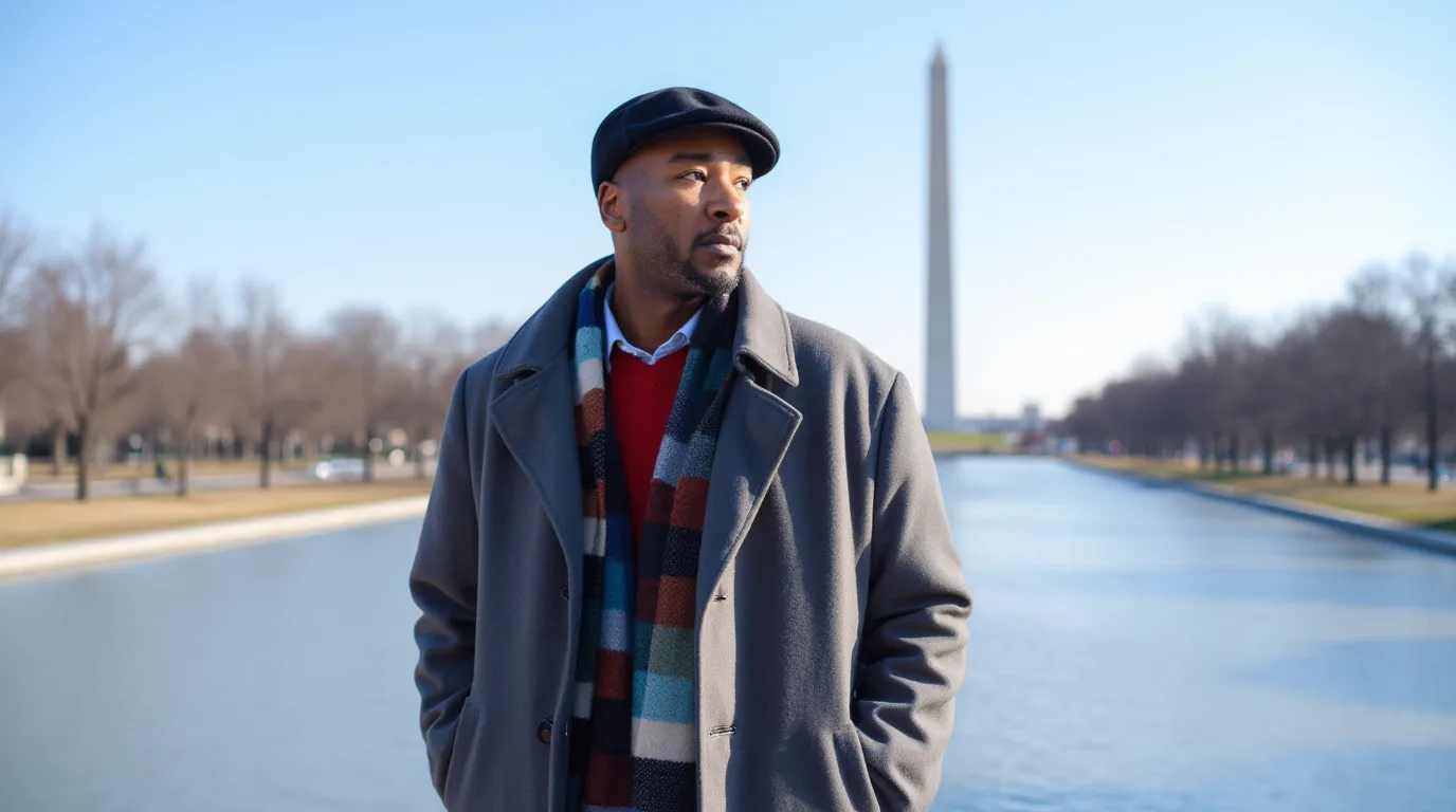 Bryant Duhart in a winter coat and flat cap on the National Mall, the Washington Monument behind him.