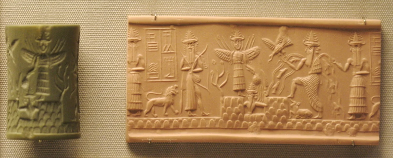 A small greenstone cylinder seal beside the clay impression rolled from
                  it, showing a row of Mesopotamian deities with a lion, a winged goddess
                  and streams of water full of fish.