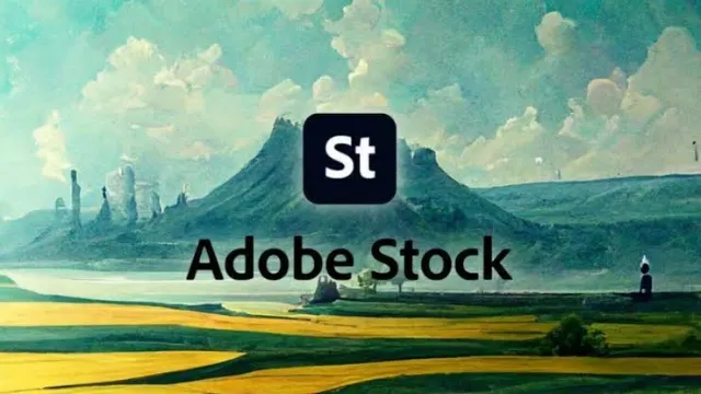 The Adobe Stock wordmark over a painted landscape with a distant mountain.