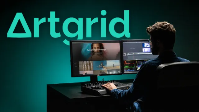 The Artgrid wordmark over an editor working at a colour-grading suite.