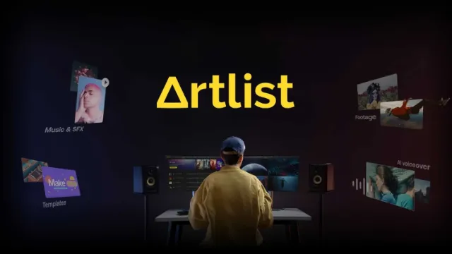 The Artlist wordmark over an editor at a desk in a darkened room.