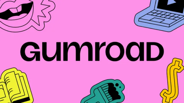The Gumroad wordmark on pink, surrounded by cartoon illustrations.