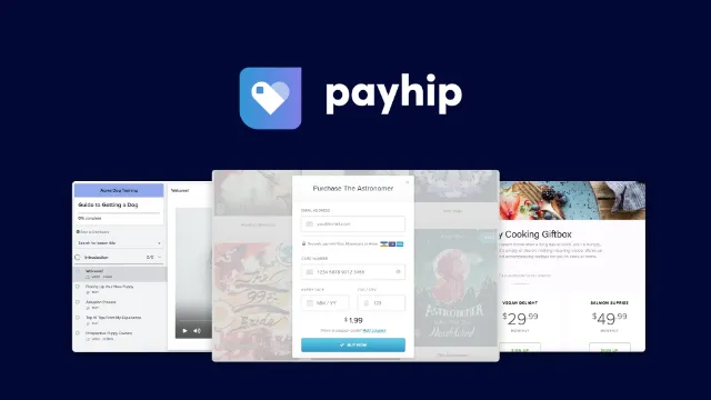 The Payhip wordmark above screenshots of its seller dashboard.