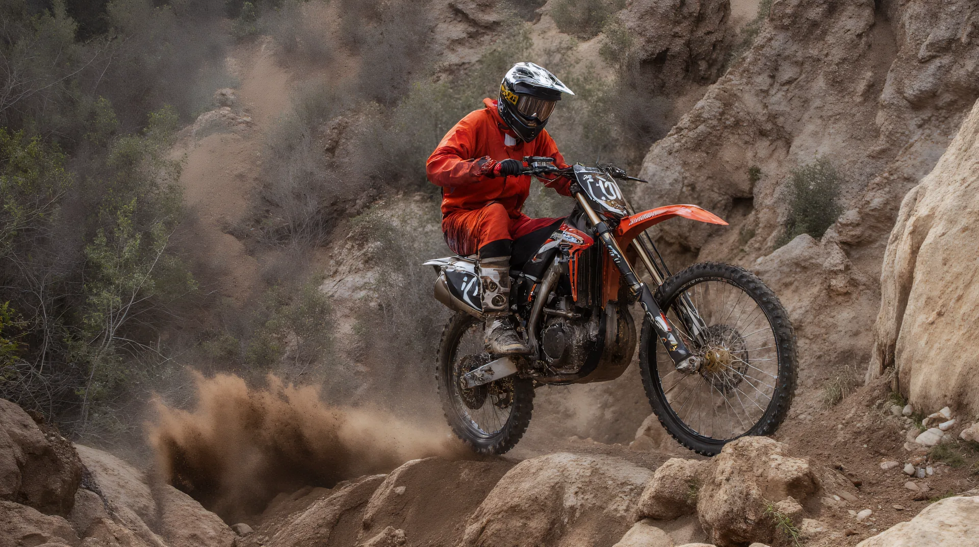A motocross rider in red climbing through a cloud of dust and rock.
