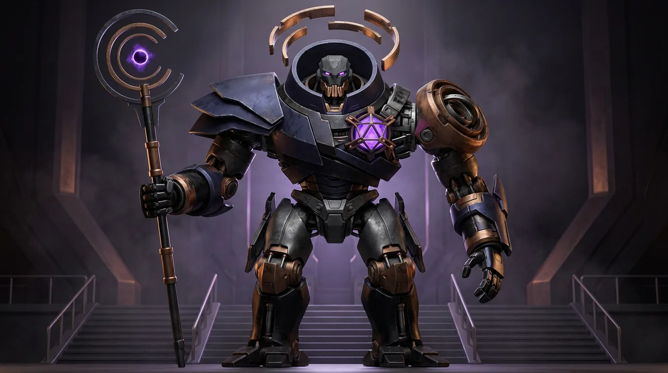 A massive armored robot holding a glowing staff in an industrial hall.
