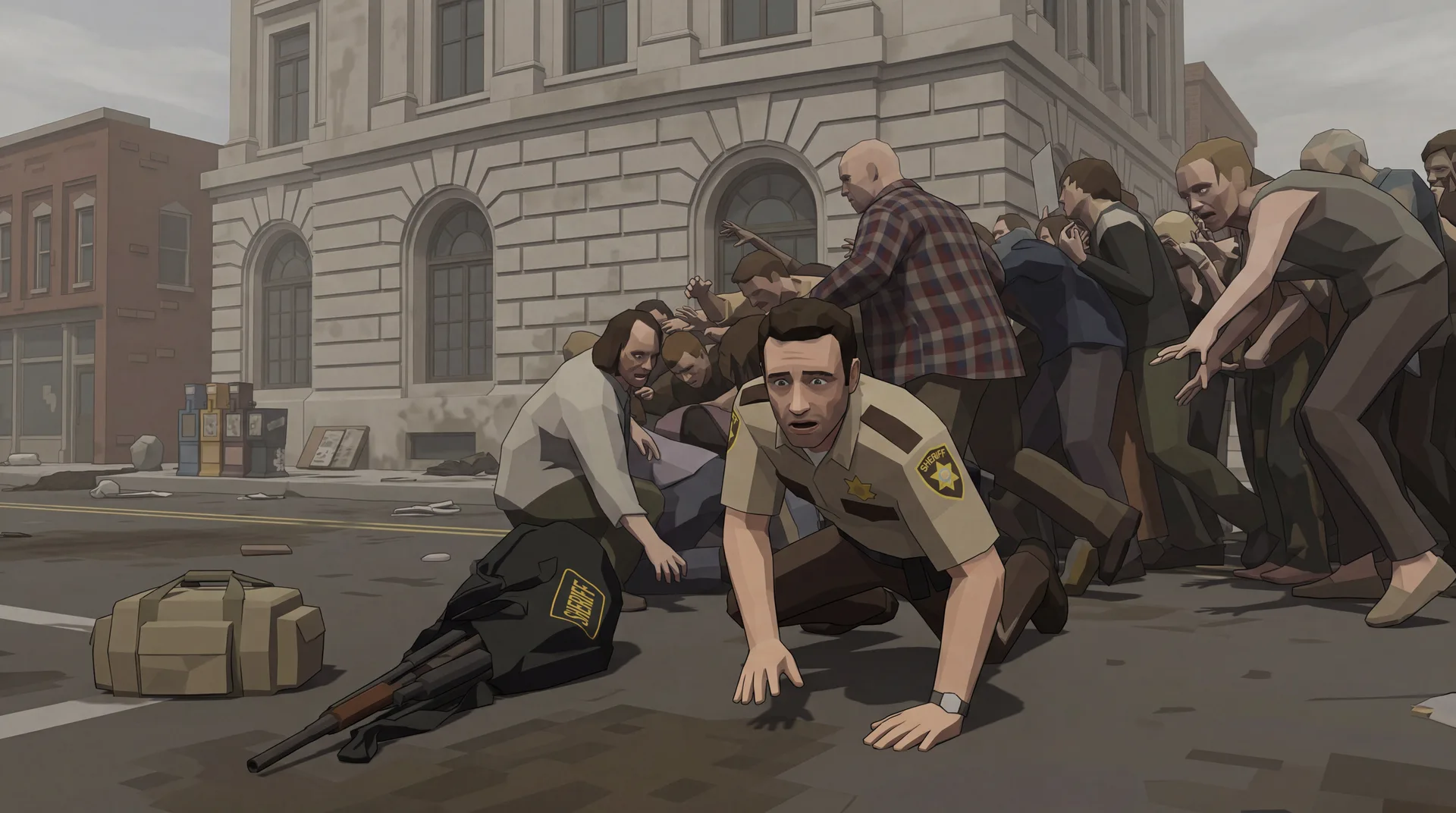A survivor crawling through a city street as a crowd closes in behind him.