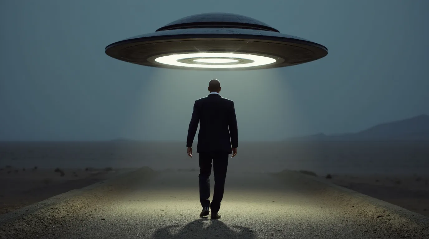 A sharply dressed man approaching a hovering spacecraft on a dark road.
