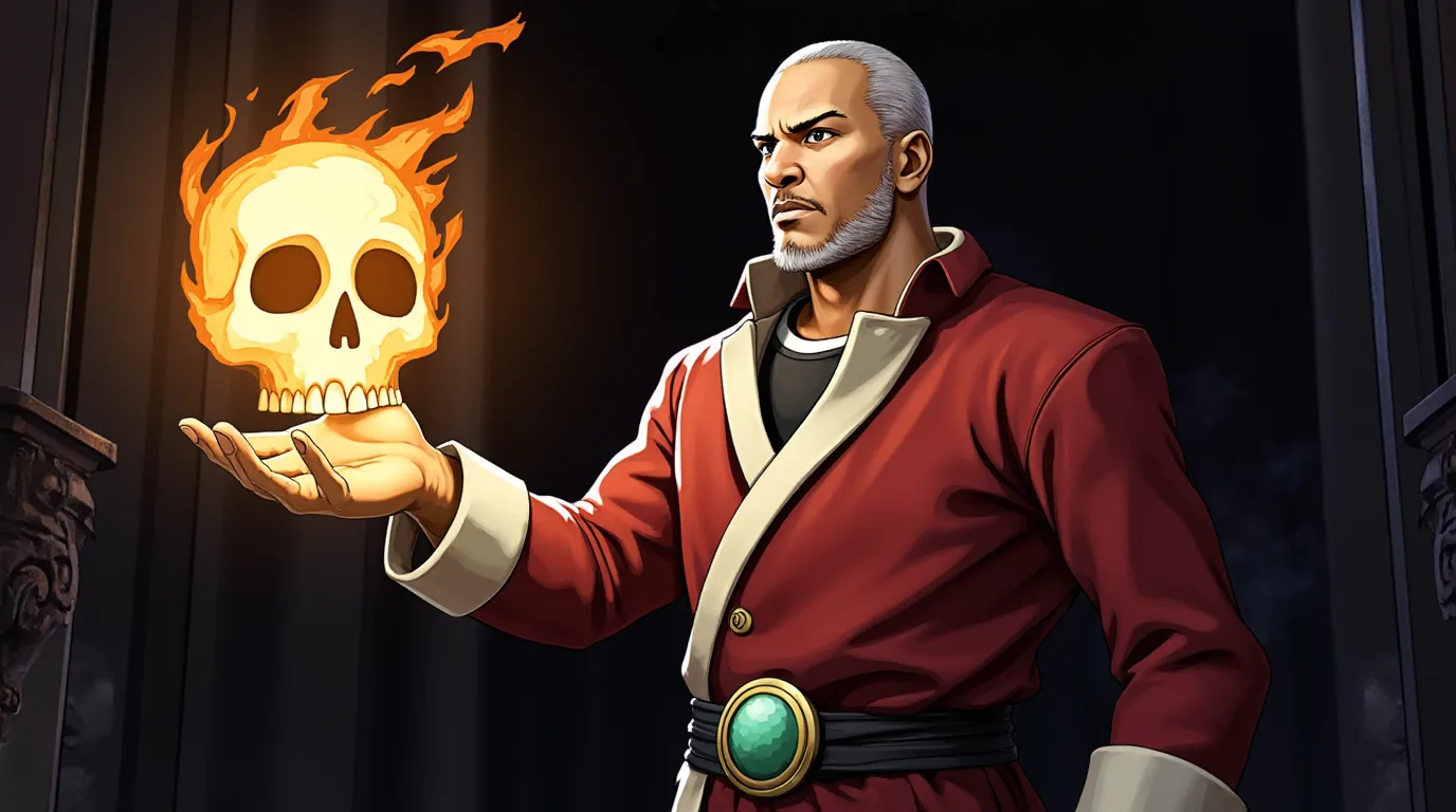 A cel-shaded fighter holding a flaming skull in a dark chamber.