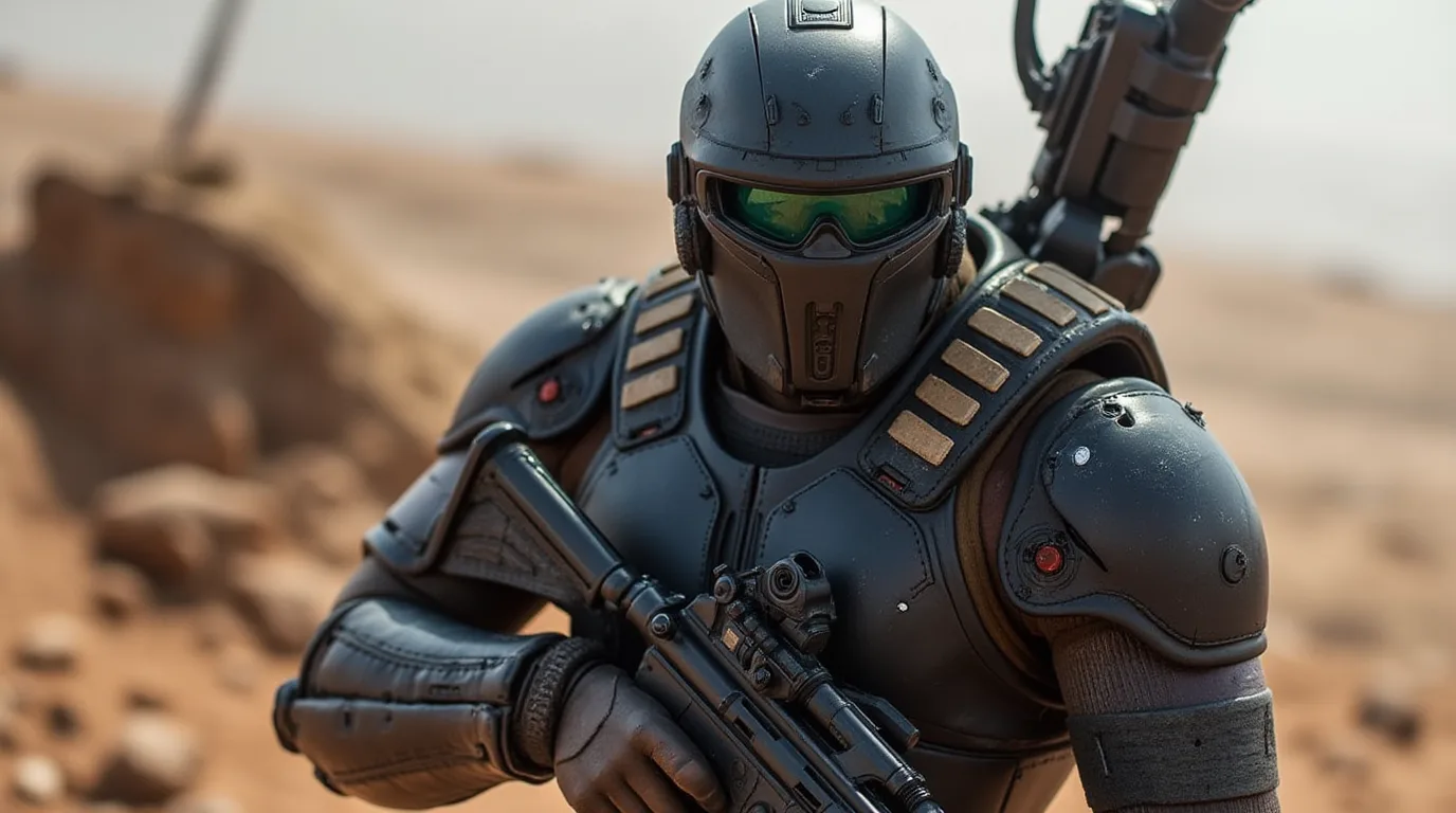 A science-fiction soldier carrying a rifle in a desert landscape.