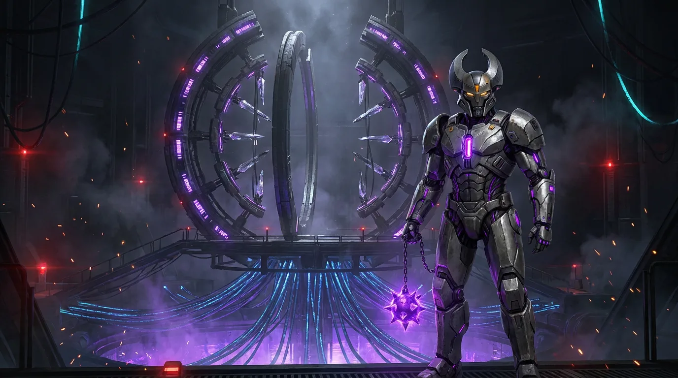 A futuristic armored warrior standing beside a luminous portal.
