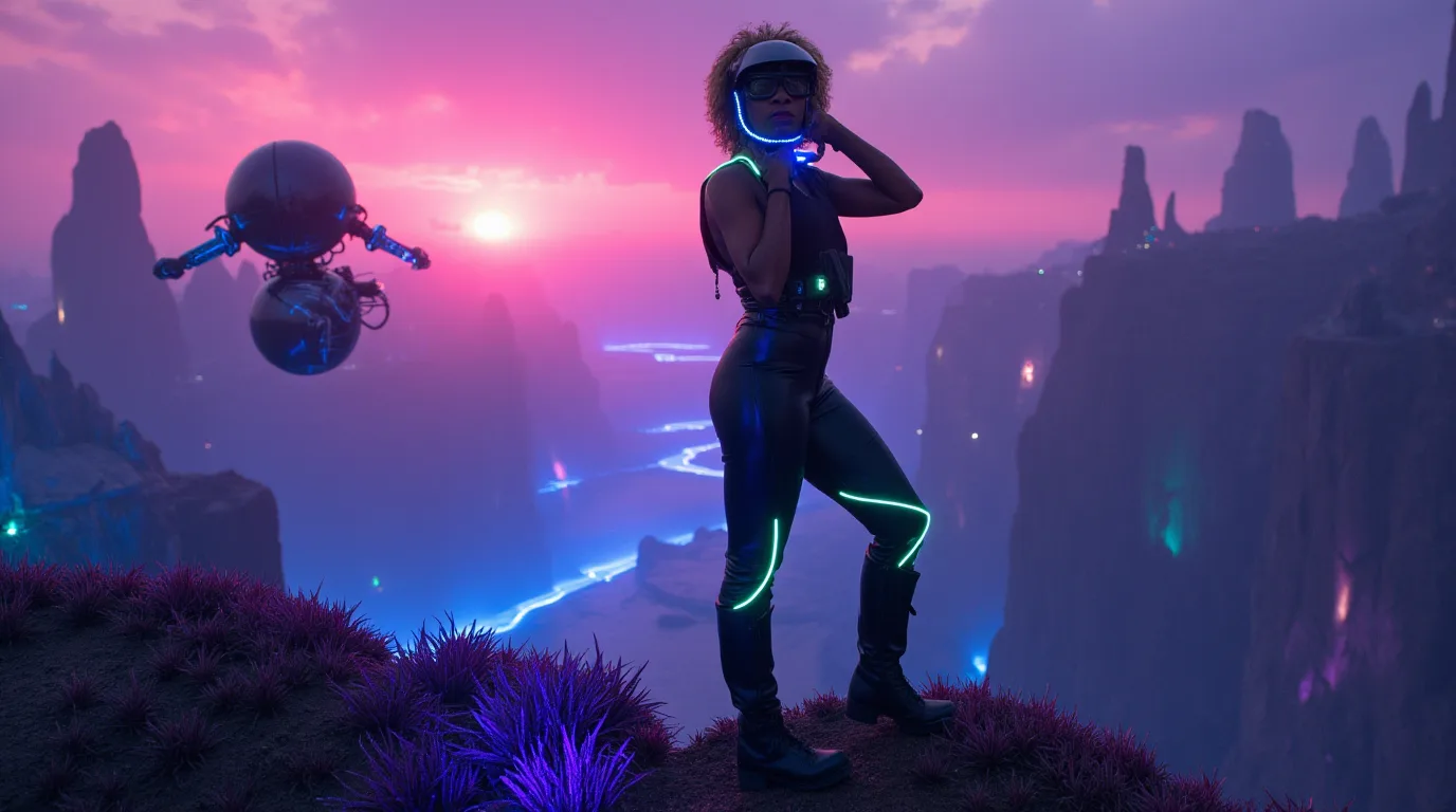 A woman and floating robot companion overlooking a neon alien landscape.