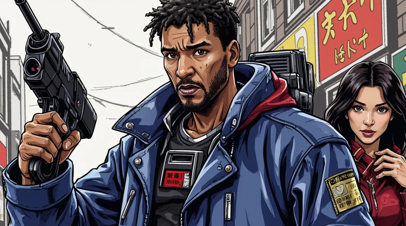 A cel-shaded action hero carrying a futuristic weapon on a city street.