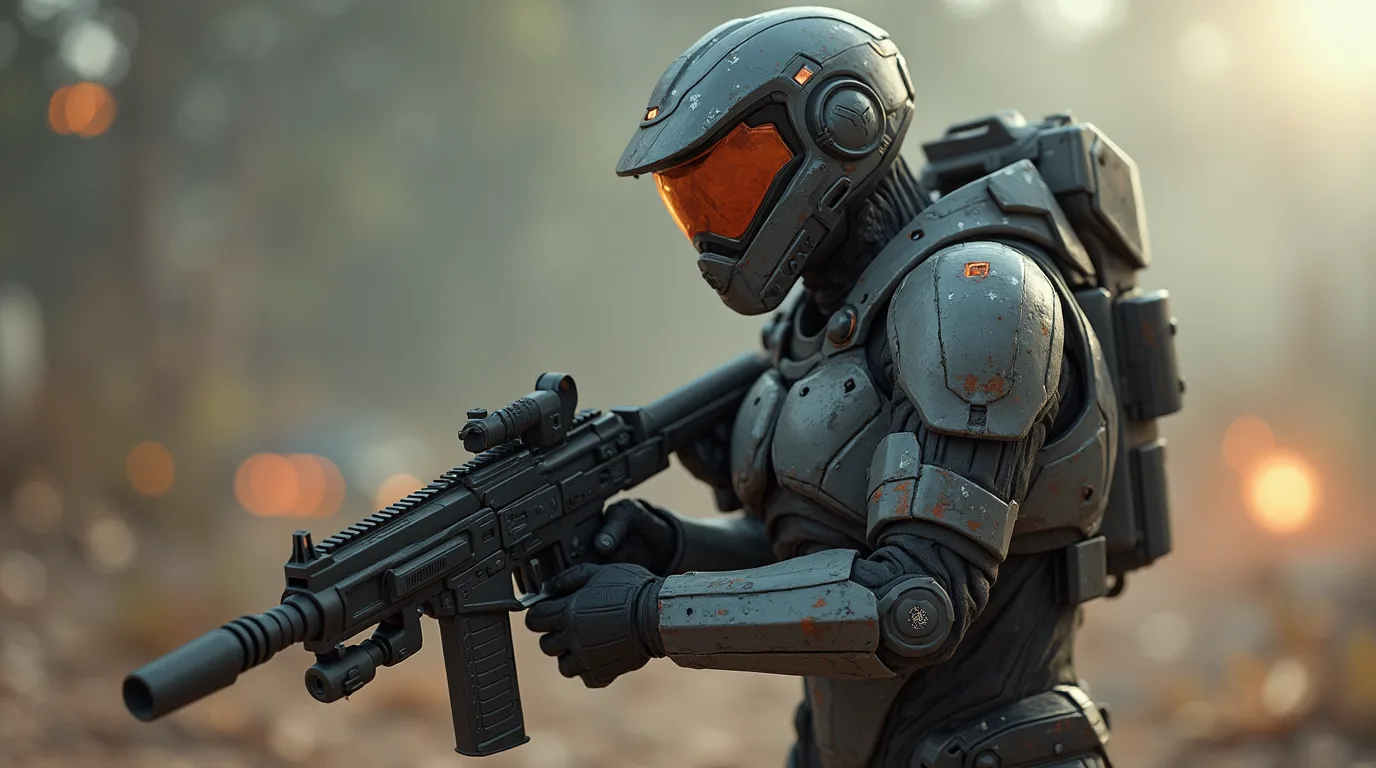 A heavily armored science-fiction soldier holding a rifle.
