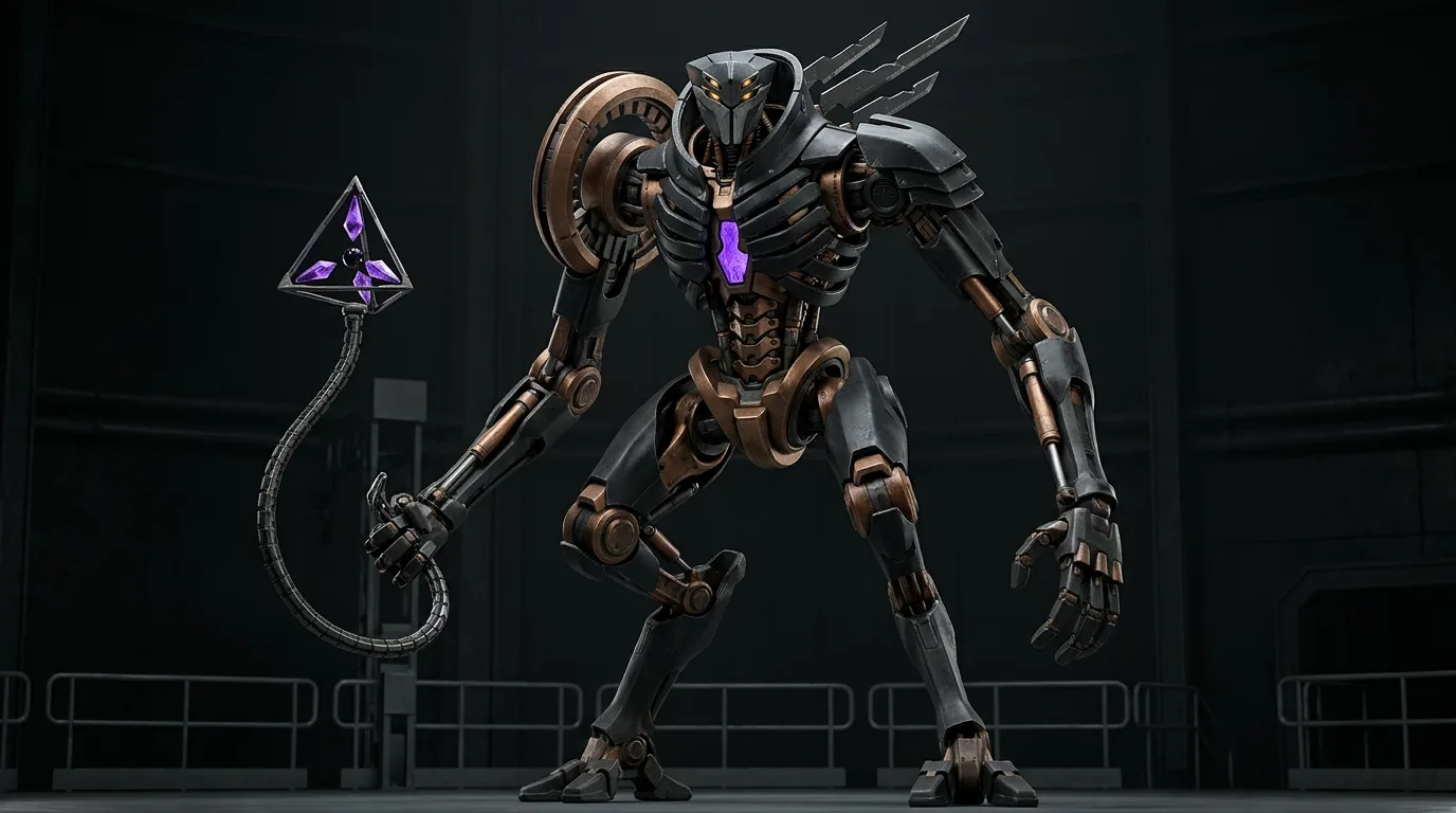 A skeletal combat robot carrying an angular energy weapon.