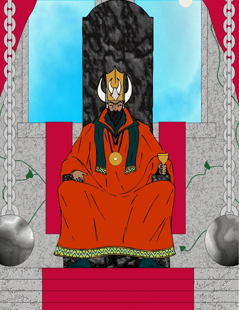 A robed king on a black stone throne, wrecking balls hanging on chains either side of him.
