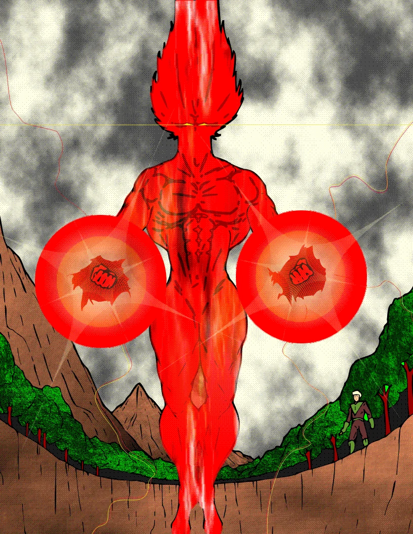 A towering red figure rising out of a volcanic landscape, two burning red orbs at its centre.