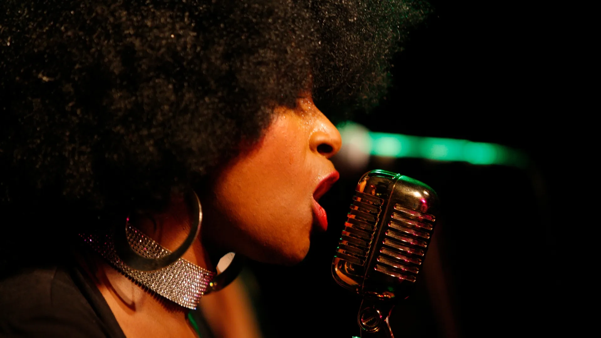 A singer performing closely into a vintage microphone under warm stage light.